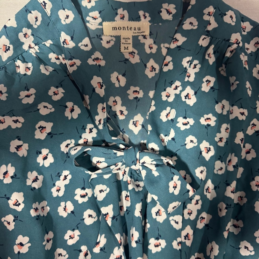 Monteau Floral Dress Teal Tie Neck Ruffle Sleeve Women’s Medium - Picture 2 of 4